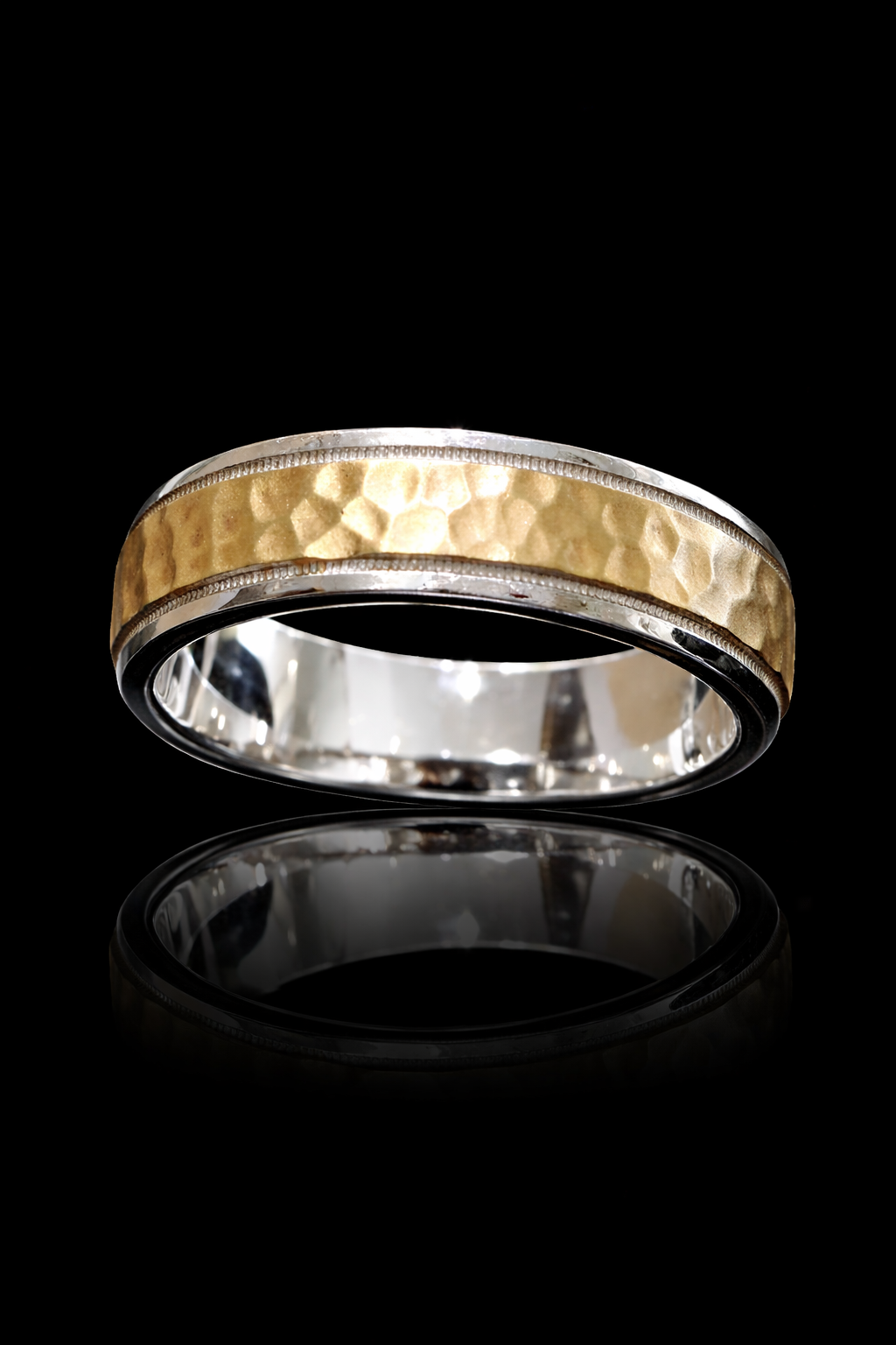 Men’s Hammered Two-Tone Wedding Band in White & Yellow Gold