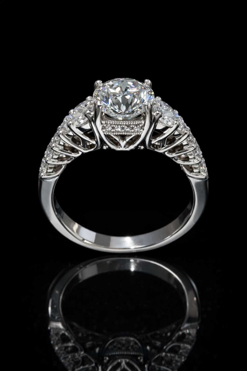 GIA Certified Natural Round Brilliant Diamond Engagement Ring with Pavé Cathedral Band in White Gold | Vintage Leaf Gallery Design