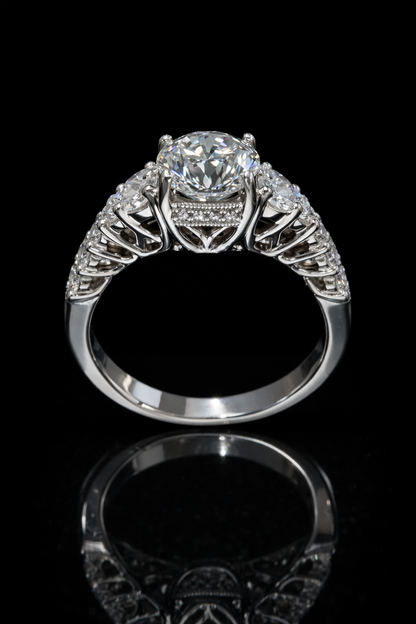 GIA Certified Natural Round Brilliant Diamond Engagement Ring with Pavé Cathedral Band in White Gold | Vintage Leaf Gallery Design