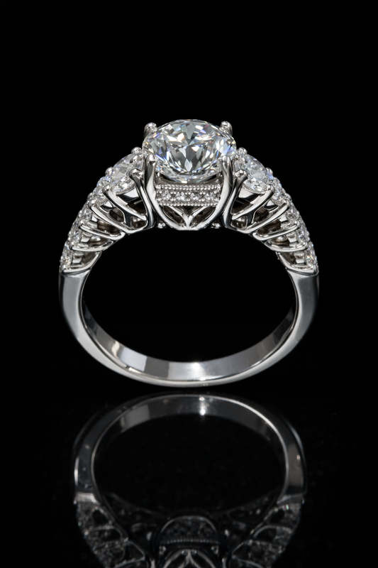 GIA Certified Natural Round Brilliant Diamond Engagement Ring with Pavé Cathedral Band in White Gold | Vintage Leaf Gallery Design