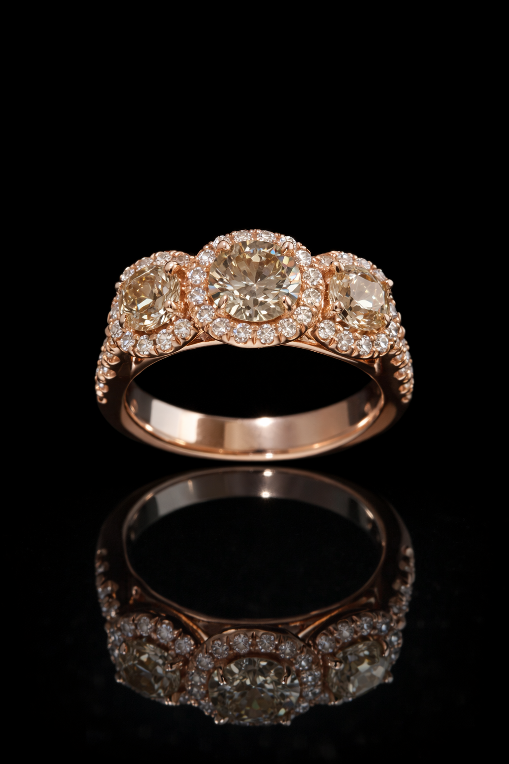 Natural Champagne Diamond Three-Stone Halo Engagement Ring in 14K Rose Gold | Vintage-Inspired Design
