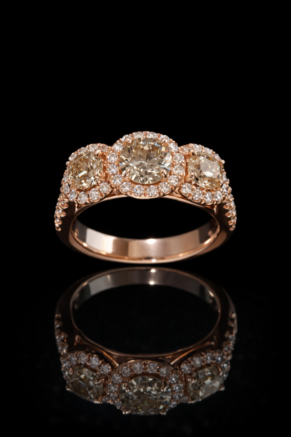 Natural Champagne Diamond Three-Stone Halo Engagement Ring in 14K Rose Gold | Vintage-Inspired Design