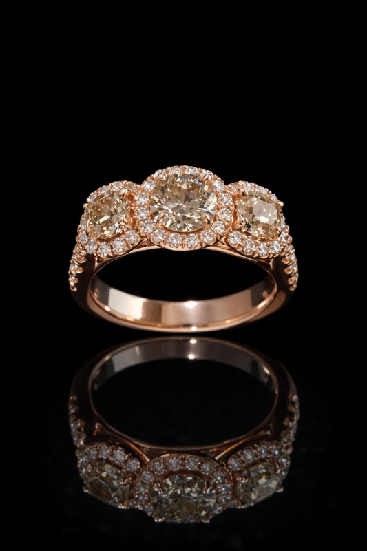 Natural Champagne Diamond Three-Stone Halo Engagement Ring in 14K Rose Gold | Vintage-Inspired Design