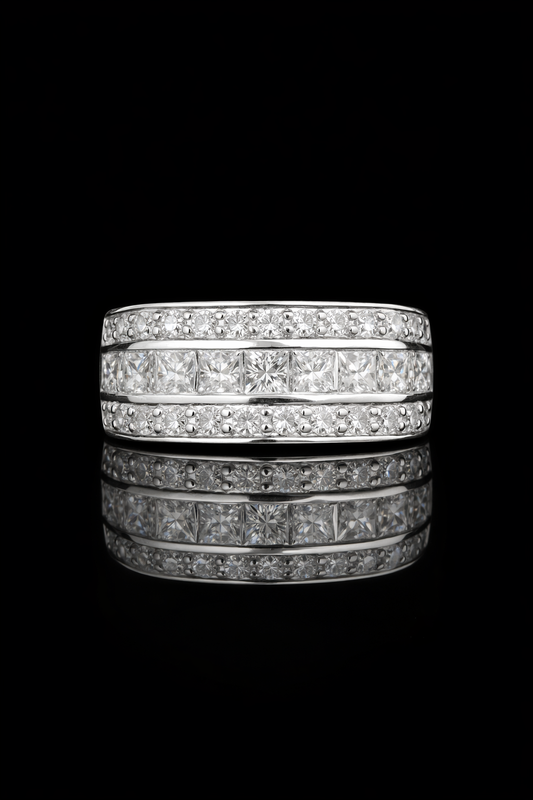 Princess Cut & Round Diamond Triple Row Band in 14k White Gold | 1.79 CTW