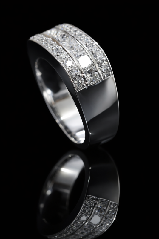 Princess Cut & Round Diamond Triple Row Band in 14k White Gold | 1.79 CTW