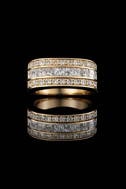 Princess Cut & Round Diamond Triple Row Band in 14k Yellow Gold | 1.79 CTW