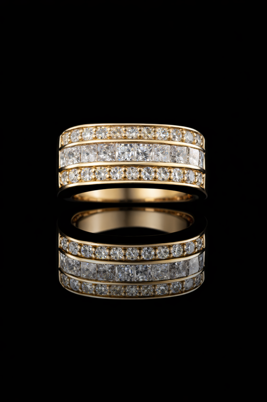 Princess Cut & Round Diamond Triple Row Band in 14k Yellow Gold | 1.79 CTW