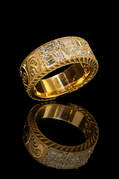 Natural Diamond Wide Band Mosaic Ring in Yellow Gold | Vintage-Inspired Statement Design