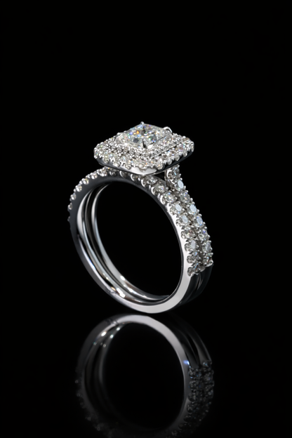 GIA Certified Natural Princess Cut Diamond Engagement Ring with Double Halo & Split Pavé Band in White Gold