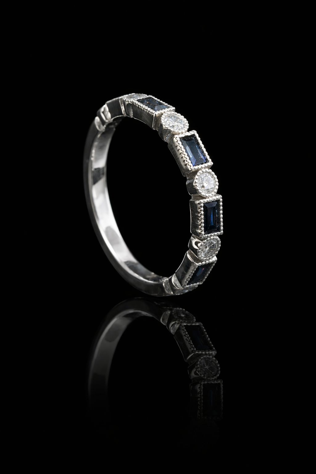 Bezel Blue Sapphire & Diamond Half Eternity Band in White Gold | .50 CTW