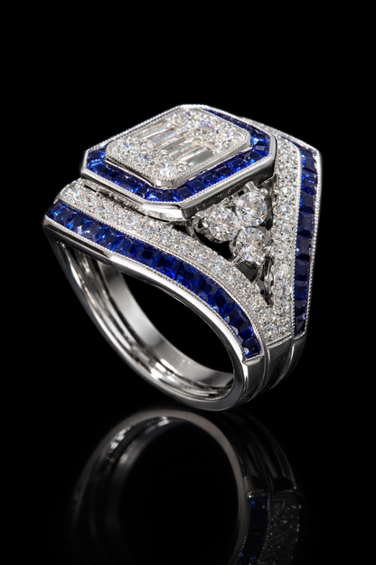 Natural Emerald Cut Diamond & Blue Sapphire Halo Engagement Ring in White Gold | Art Deco Inspired Design