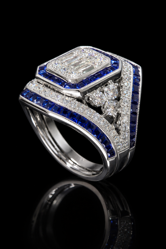 Natural Emerald Cut Diamond & Blue Sapphire Halo Engagement Ring in White Gold | Art Deco Inspired Design