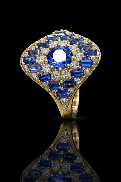 Blue Sapphire Diamond Statement Ring in Yellow Gold | 2.50 CTW