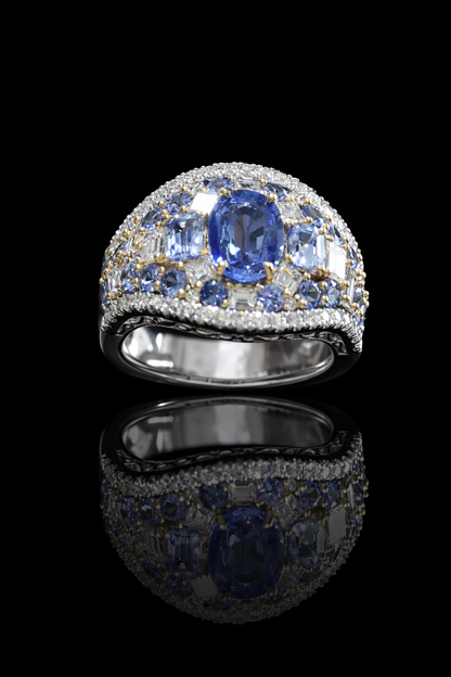 Dome Blue Sapphire Diamond Cluster Ring 14k White Gold | 3.24 CTW