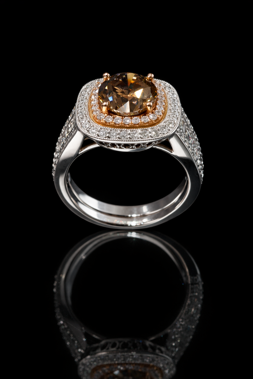 GIA Certified Natural Cognac Diamond Halo Engagement Ring with Two-Tone Pavé Band in White & Rose Gold | Luxury Vintage-Inspired Design