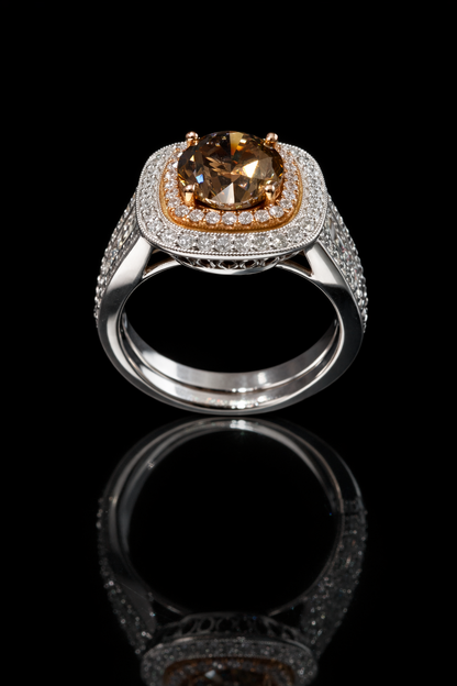 GIA Certified Natural Cognac Diamond Halo Engagement Ring with Two-Tone Pavé Band in White & Rose Gold | Luxury Vintage-Inspired Design