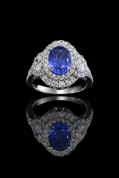 Oval Blue Sapphire Double Halo Ring with Diamond Accents | 4.41 CTW