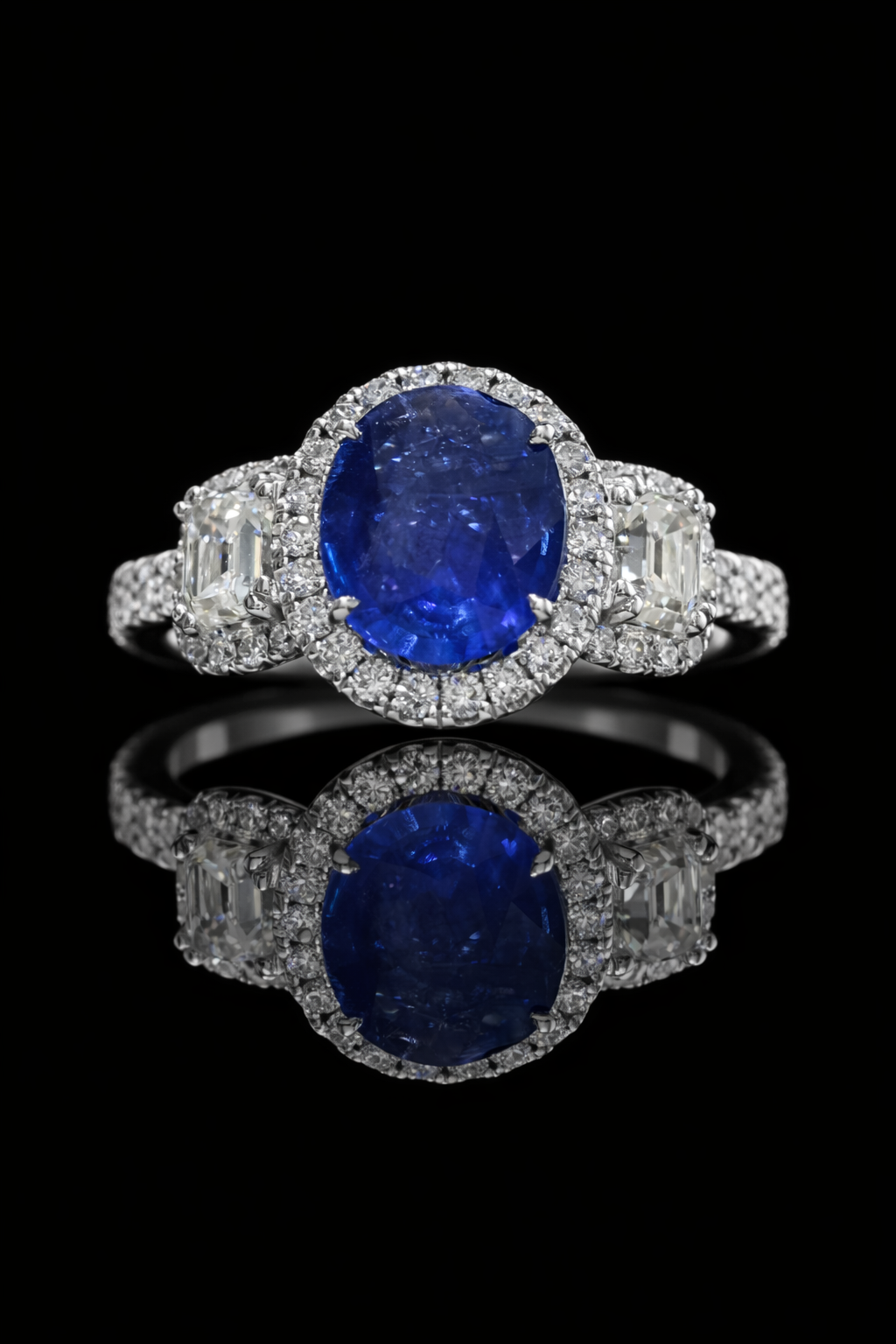 Emerald-Cut Blue Sapphire Halo Ring with Diamond Accents | 3.93 CTW