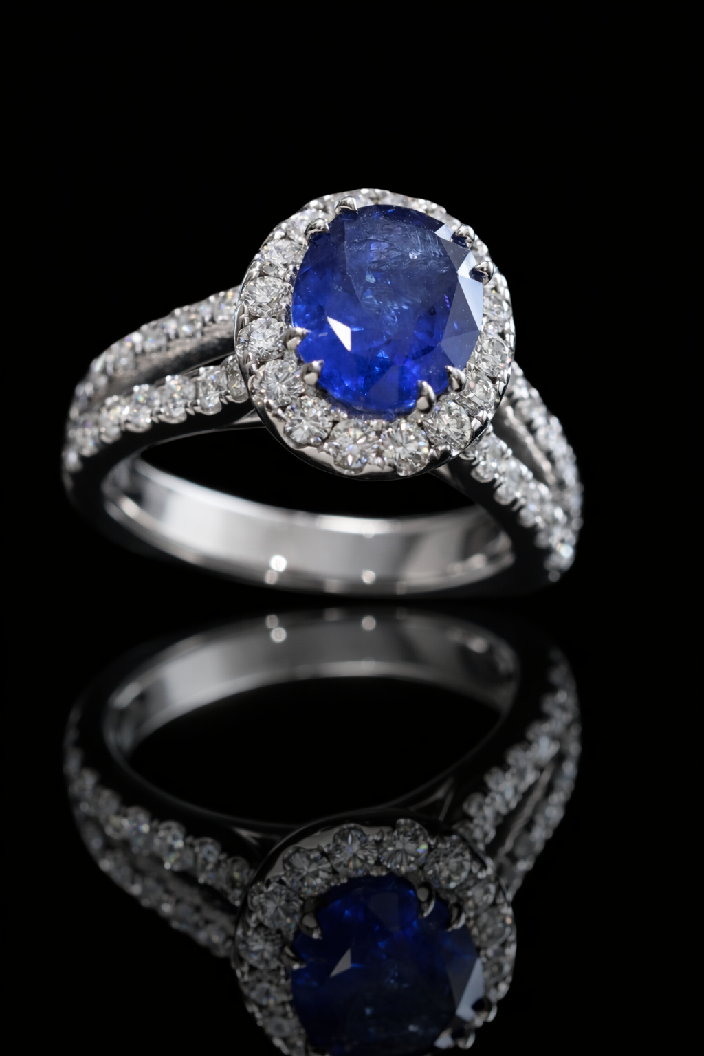 Oval Blue Sapphire Halo Ring with Diamond Split Shank | 3.65 CTW