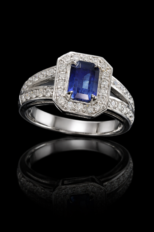 Sapphire & Diamond Halo Ring in White Gold | 2.04 CTW