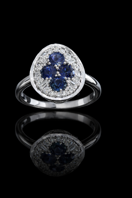 Sapphire & Diamond Halo Cluster Ring in 14K White Gold | 1.50 CT TW