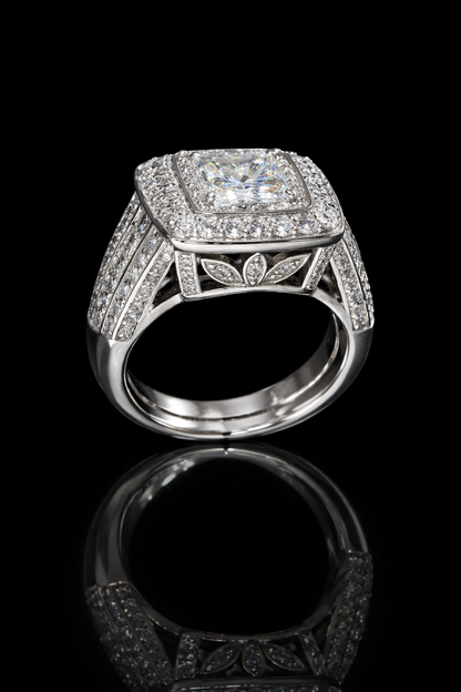 GIA Certified Natural Princess Cut Diamond Engagement Ring with Double Halo Pavé in 14K White Gold | Luxe Cushion Silhouette