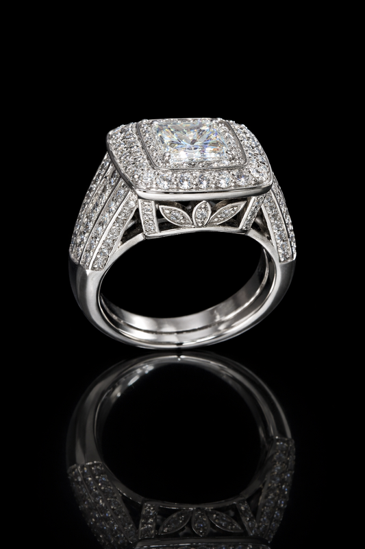 GIA Certified Natural Princess Cut Diamond Engagement Ring with Double Halo Pavé in 14K White Gold | Luxe Cushion Silhouette