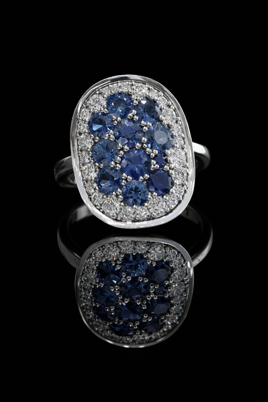 Sapphire & Diamond Halo Cluster Ring in 14K White Gold | 2.54 CT TW