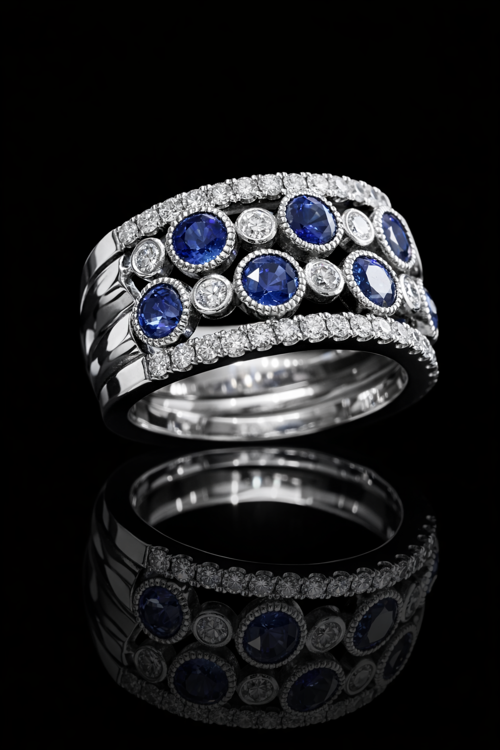 Blue Sapphire & Diamond Wide Band in White Gold | 3.55 CT