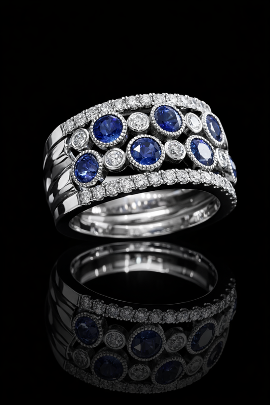Blue Sapphire & Diamond Wide Band in White Gold | 3.55 CT
