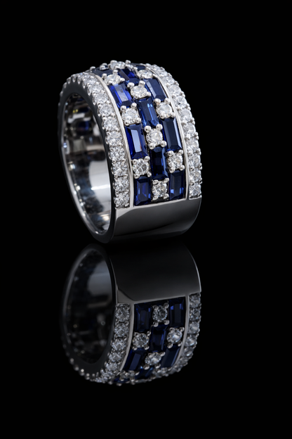 Blue Sapphire & Diamond Multi-Row Band in White Gold |3.55 ctw