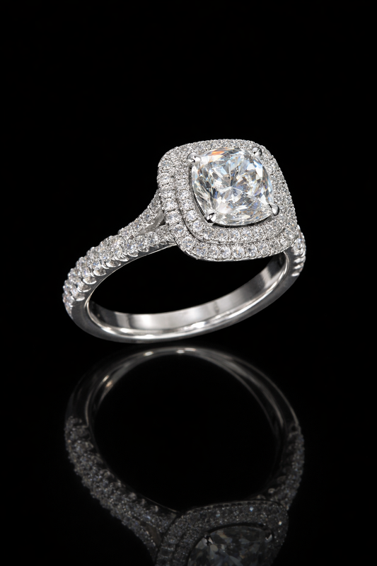 GIA Certified Natural Round Diamond Engagement Ring with Double Halo Pavé Band in 18K White Gold | Classic Luxury Design