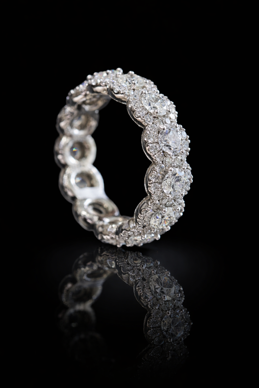 Round Halo Diamond Eternity Band in 14K White Gold | 3.28 CT