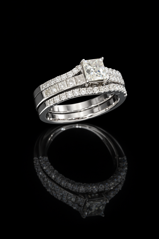 GIA Certified Natural Princess Cut Diamond Engagement Ring with Double Pavé Band in White Gold | Elegant Split Shank Design
