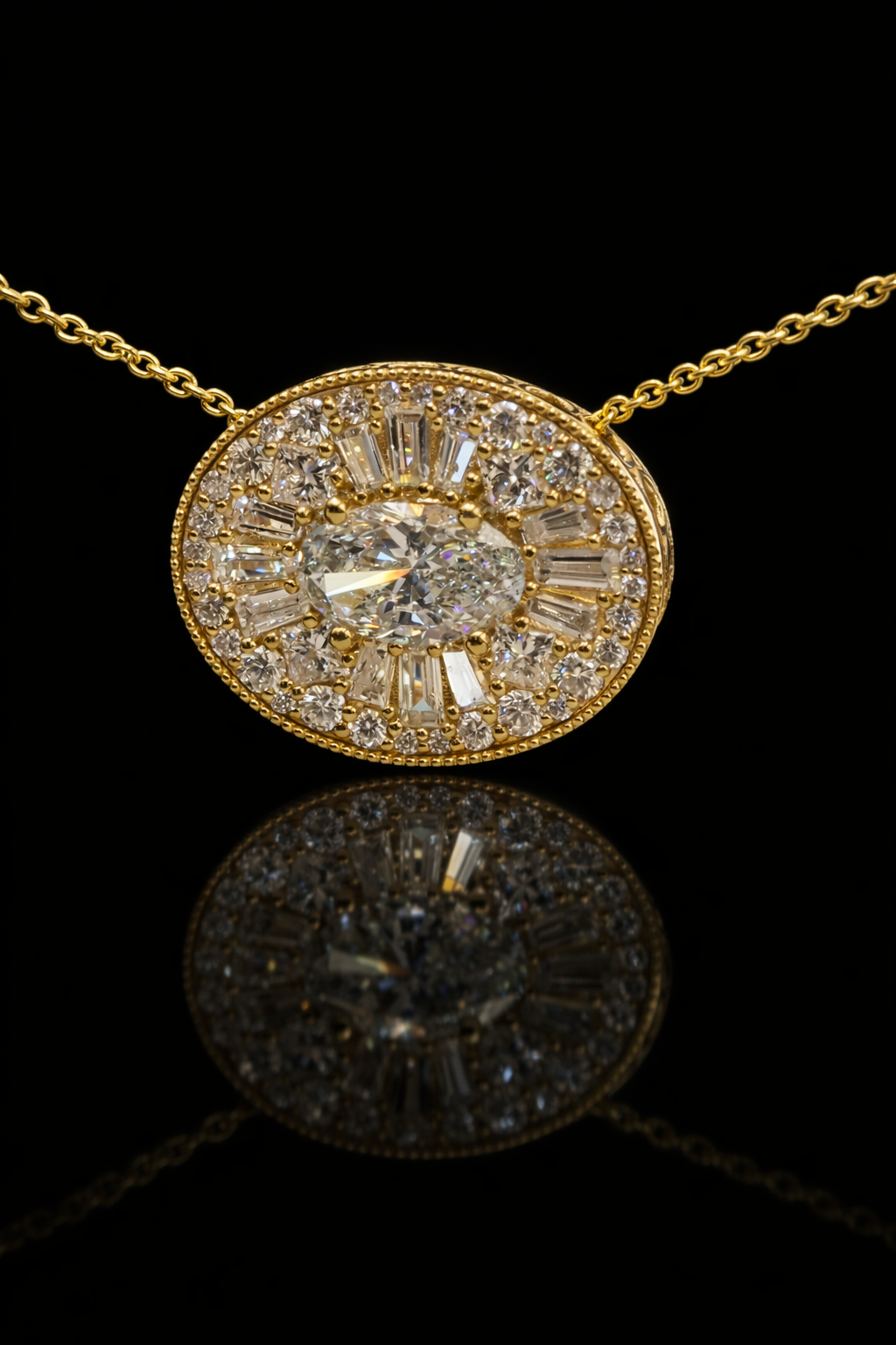 Natural Diamond Oval Halo Medallion Pendant in Yellow Gold | Vintage Sunburst Design