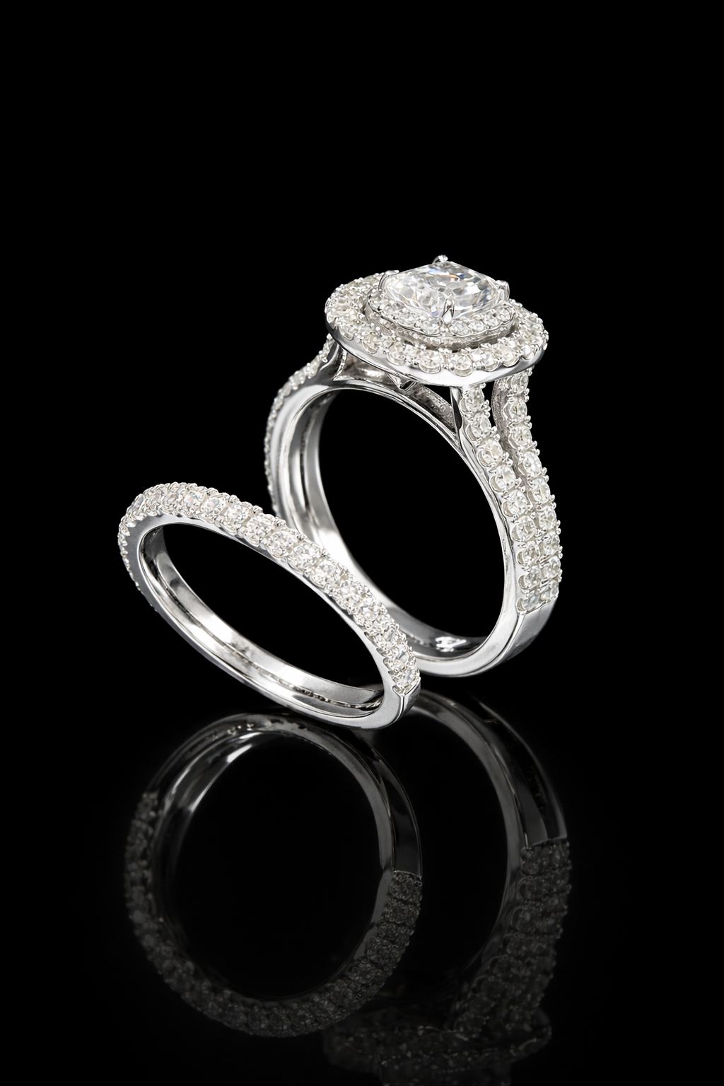 GIA Certified Natural Princess Cut Diamond Engagement Ring with Double Pavé Halo & Band in White Gold | Classic Cushion Halo Design