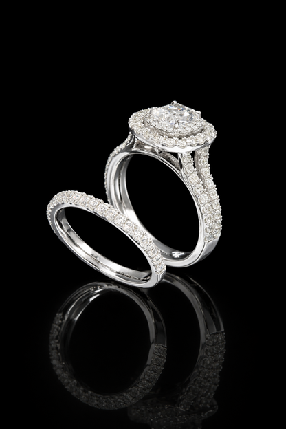 GIA Certified Natural Princess Cut Diamond Engagement Ring with Double Pavé Halo & Band in White Gold | Classic Cushion Halo Design