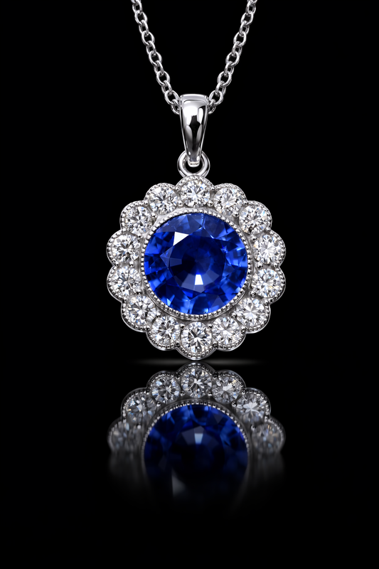 Natural Sapphire & Diamond Halo Pendant Necklace in 14K White Gold | Classic Floral Halo Setting