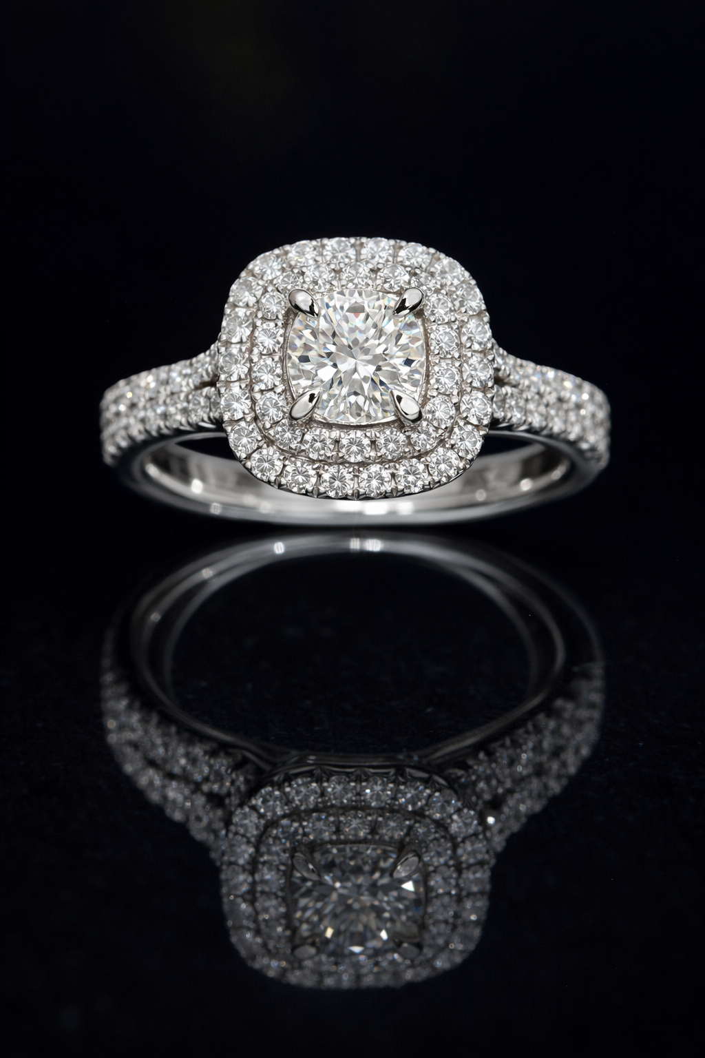 Natural Round Diamond Halo Engagement Ring with Pavé Band in White Gold | Classic Cushion Halo Design