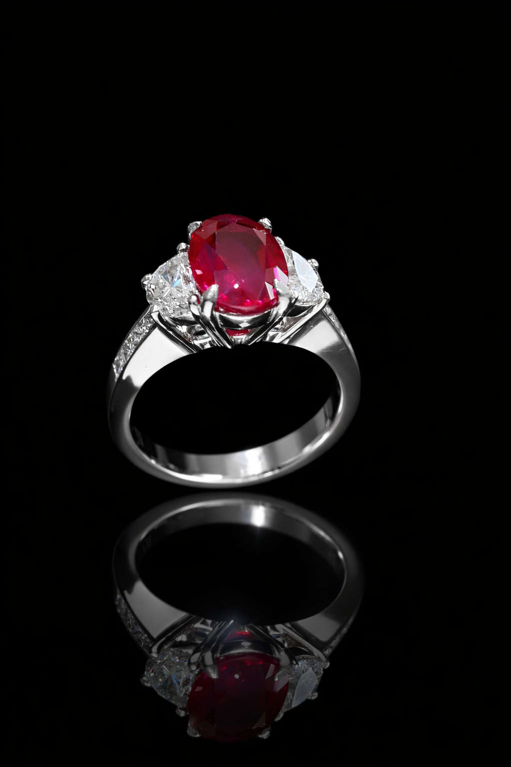 GIA Certified Natural Oval Ruby & Diamond Engagement Ring in Platinum | Classic Three-Stone Design