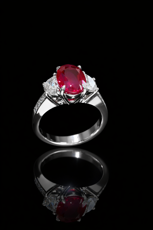 GIA Certified Natural Oval Ruby & Diamond Engagement Ring in Platinum | Classic Three-Stone Design