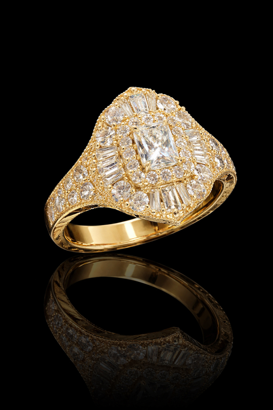 Natural Diamond Cushion Halo Mosaic Ring in Yellow Gold | Vintage-Inspired Statement DesignNatural Diamond Cushion Halo Mosaic Ring in Yellow Gold | Vintage-Inspired Statement Design