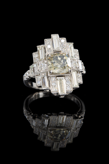 GIA Certified Natural Cushion Cut Diamond Engagement Ring with Baguette Halo in White Gold | Art Deco Statement Design