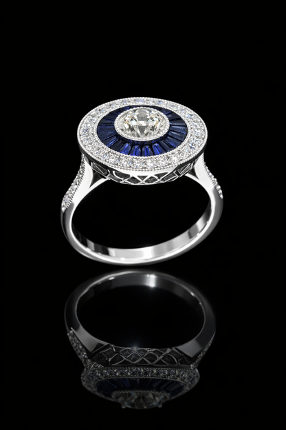 GIA Certified Natural Round Diamond Engagement Ring with Sapphire Halo in White Gold | Vintage Halo Design