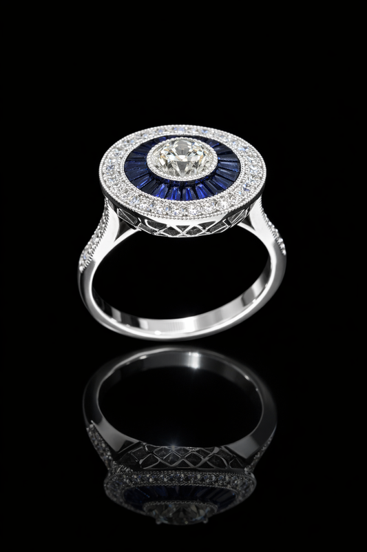 GIA Certified Natural Round Diamond Engagement Ring with Sapphire Halo in White Gold | Vintage Halo Design