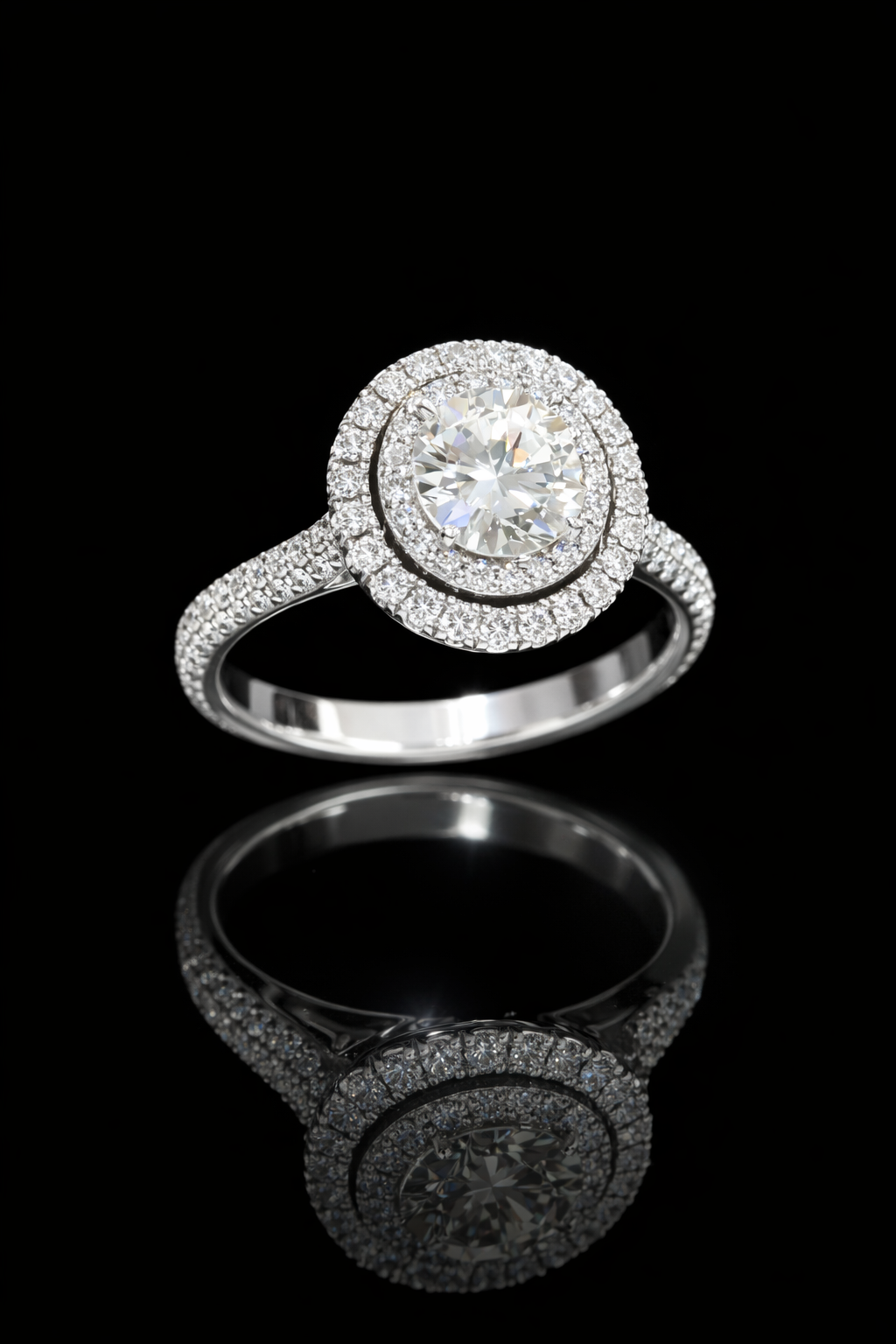 GIA Certified Natural Round Diamond Halo Engagement Ring with Pavé Band in White Gold | Classic Double Halo Design