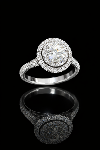 GIA Certified Natural Round Diamond Halo Engagement Ring with Pavé Band in White Gold | Classic Double Halo Design
