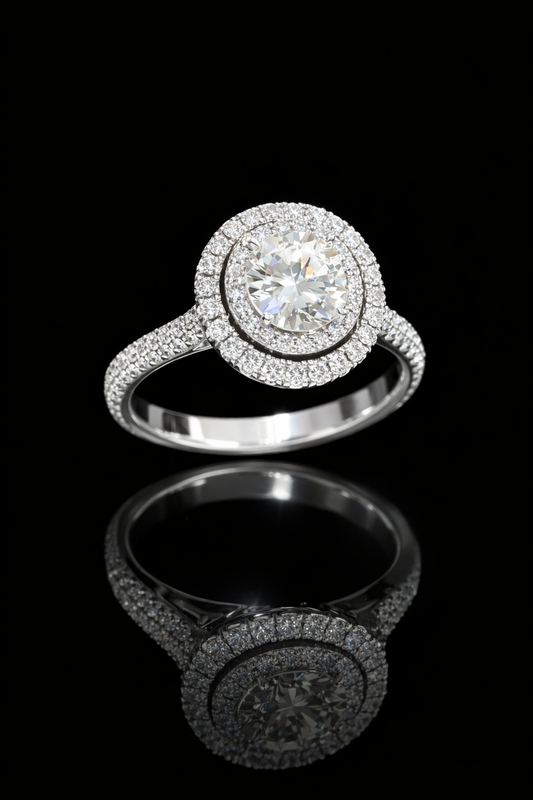 GIA Certified Natural Round Diamond Halo Engagement Ring with Pavé Band in White Gold | Classic Double Halo Design