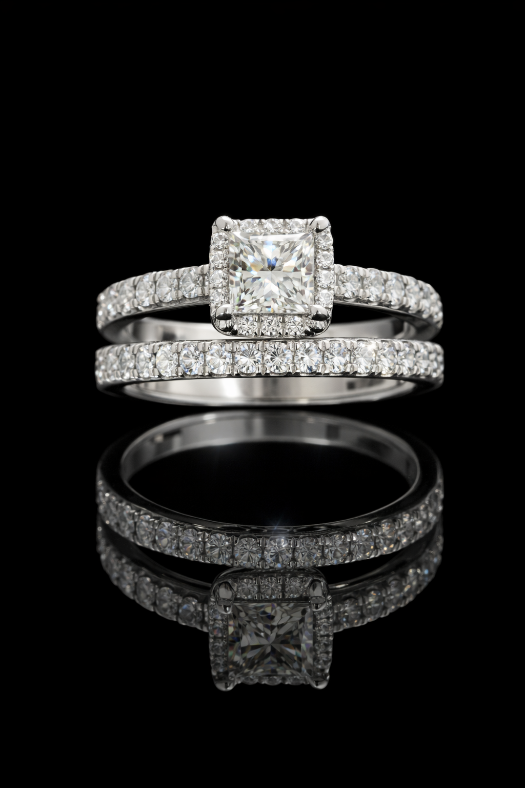 GIA Certified Natural Princess Cut Diamond Halo Engagement Ring with Pavé Band in White Gold | Classic Halo Design
