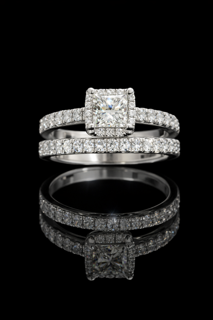 GIA Certified Natural Princess Cut Diamond Halo Engagement Ring with Pavé Band in White Gold | Classic Halo Design